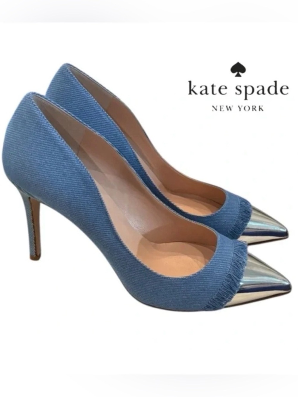 Kate Spade Luciana Light Blue Denim Heels Metallic Toe NWT Sz 6 with Dust Bag